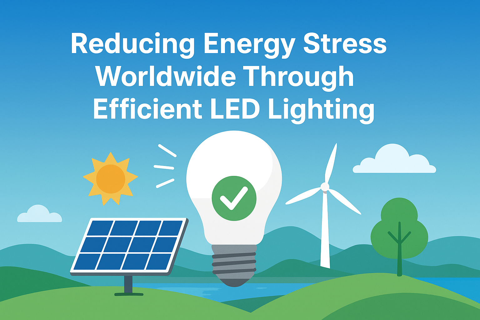 A colorful illustration featuring an LED bulb, solar panel, wind turbine, and natural landscape, symbolizing global energy savings through efficient LED lighting.